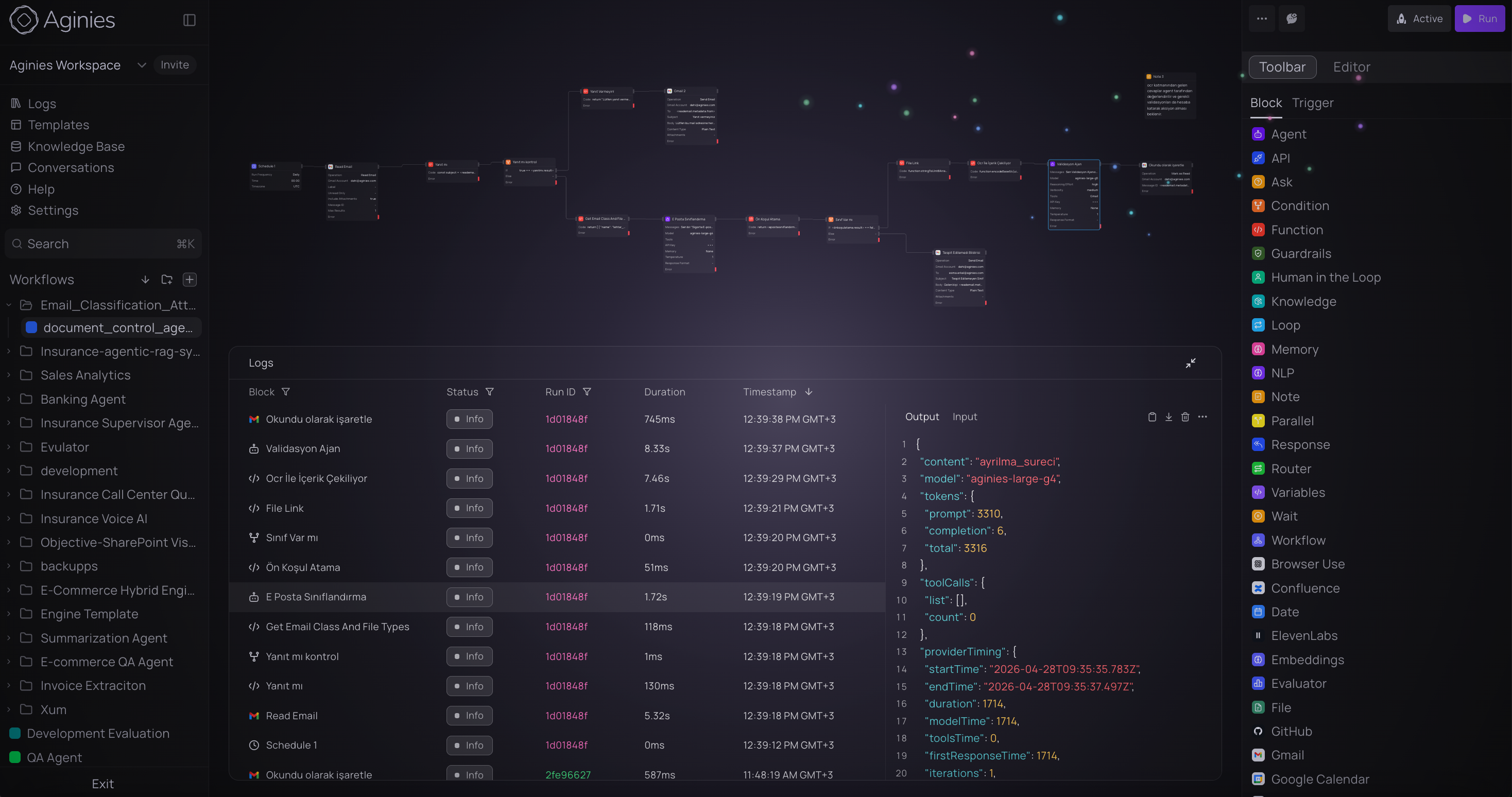 Email classification workflow with execution logs