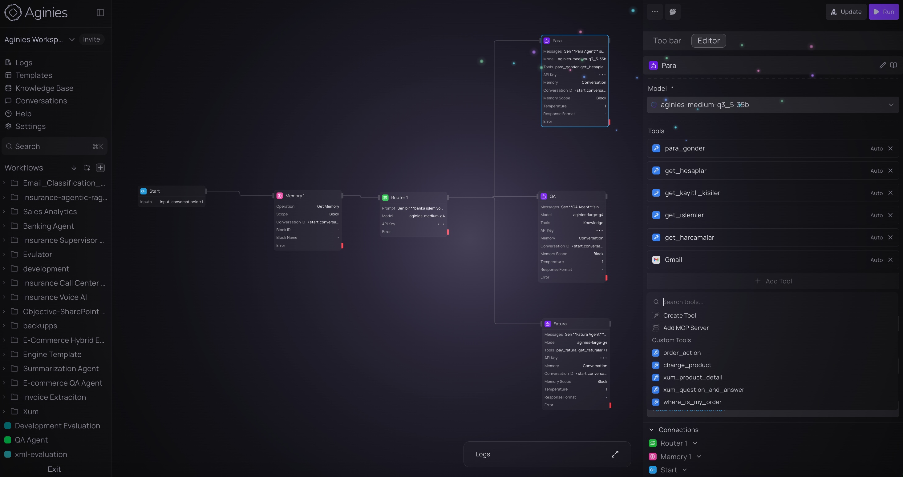 Workflow editor with tool configuration